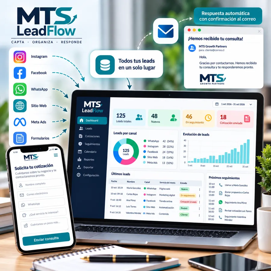 Panel de MTS LeadFlow con leads por canal